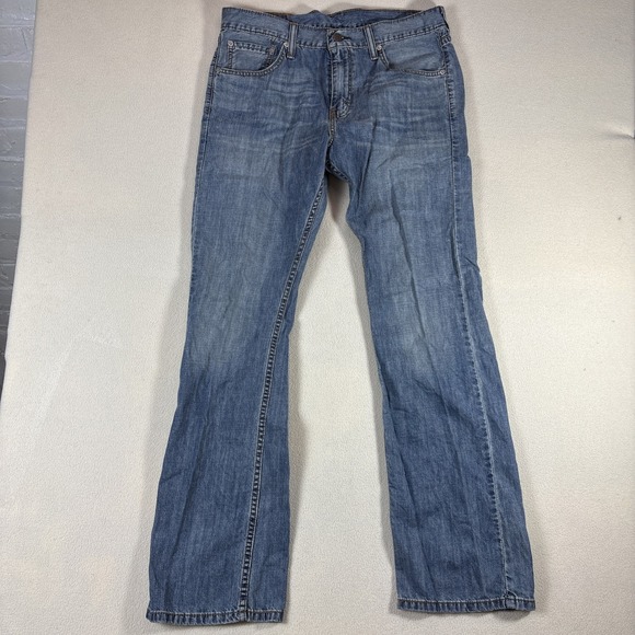 Levis 527 Jeans Mens 33x33 Blue Denim Low Rise Bootcut Distressed Whiskering - Picture 1 of 10